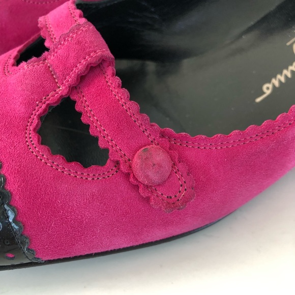 ♦️SOLD♦️SALVATORE FERRAGAMO Pink Suede Black Patent Leather Cap Toe Flat Loafer - Picture 13 of 14